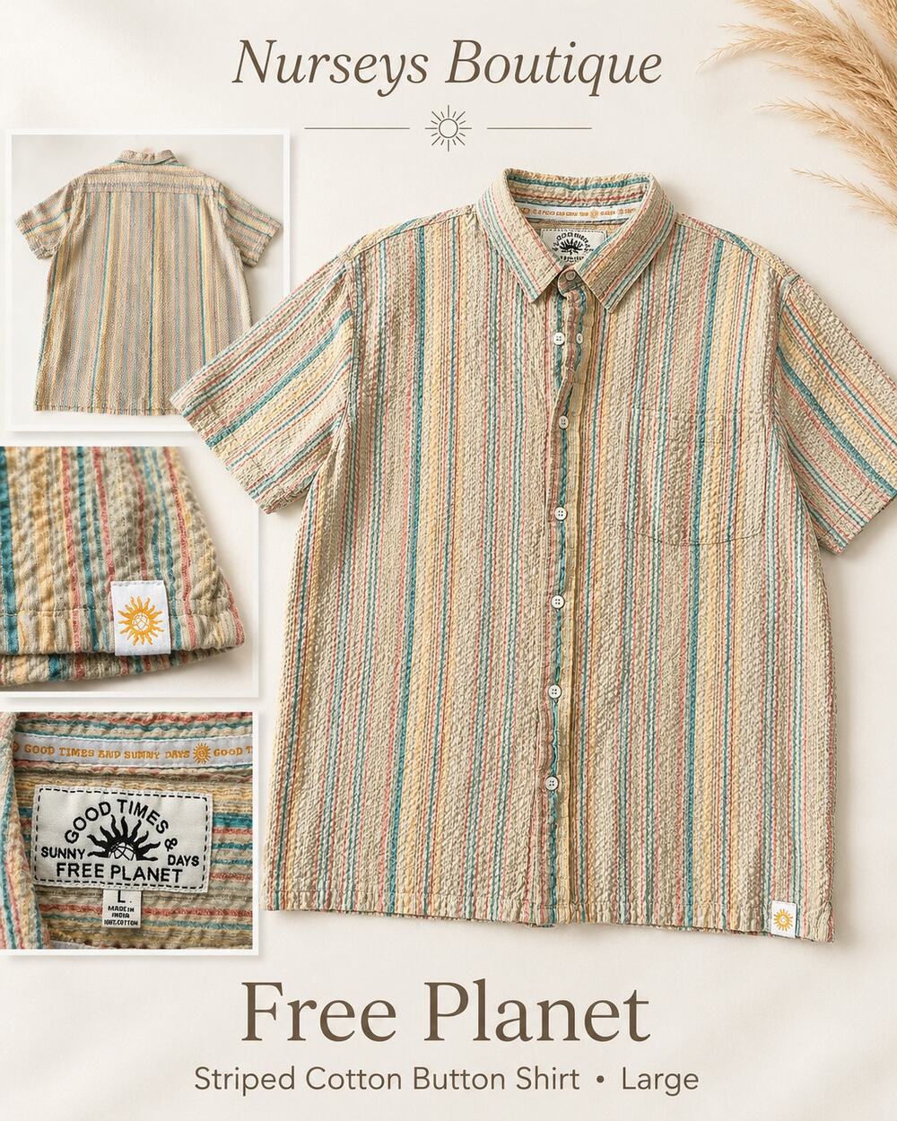 Good Times Sunny Days Free Planet Striped Cotton Shirt Large